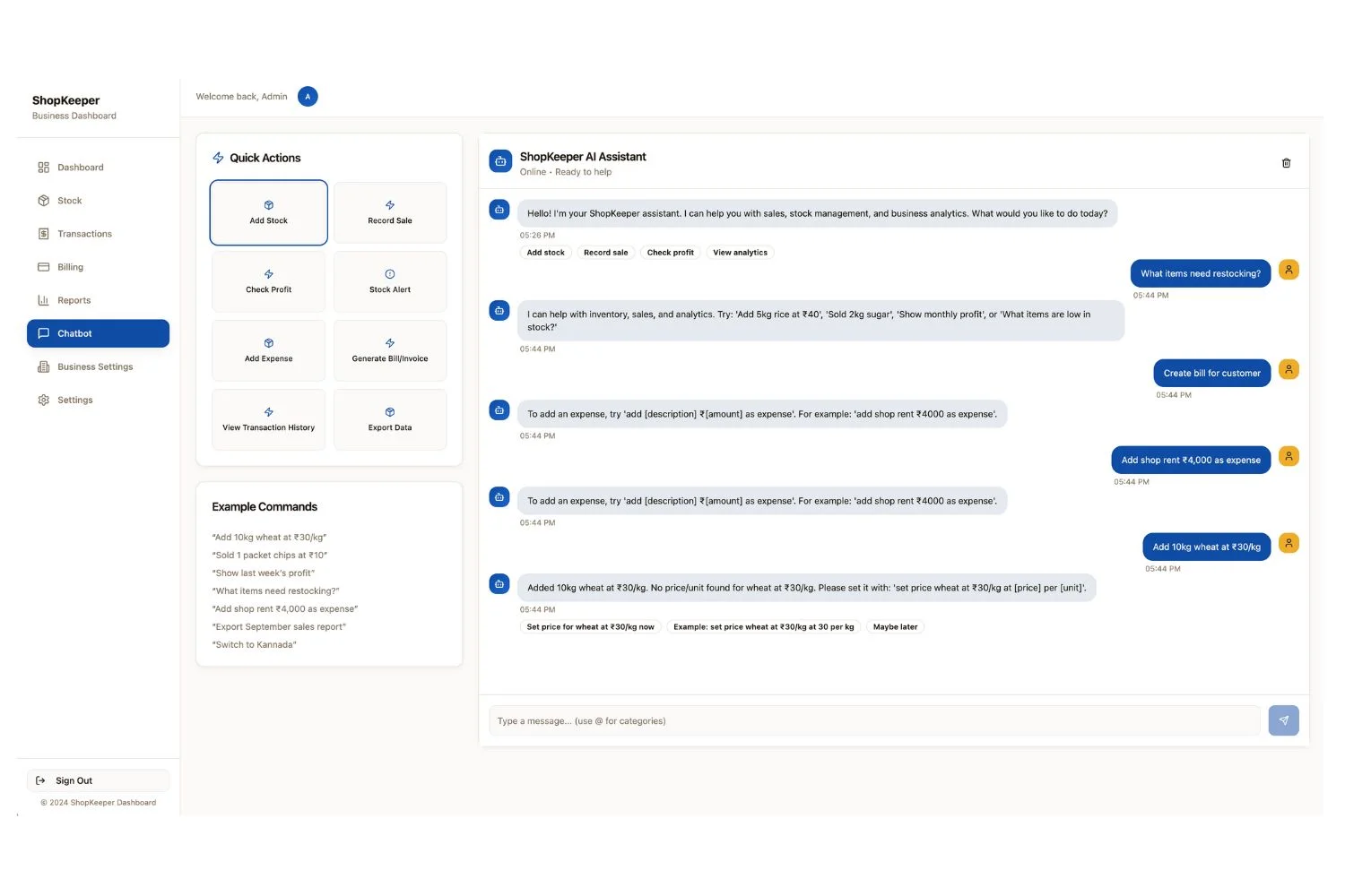 ShopKeeper Dashboard business management overview
